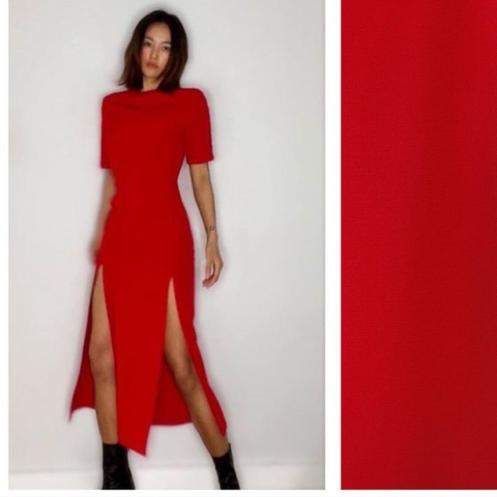 NWT Zara Red Midi Front Slits Dress Short Sleeve Size XS